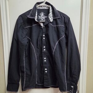 Stamp 4 Black Long Sleeve Button Up Shirt White Contrast Stitching Men's Size L